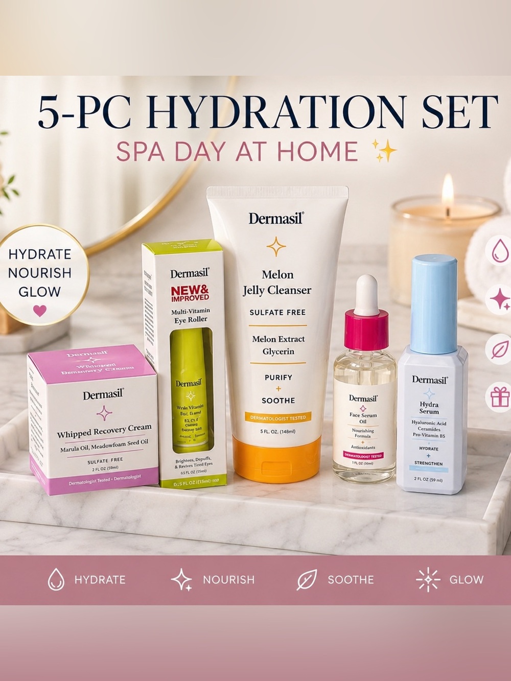 Dermasil Hydration Bundle 5 piece Set Cleanser,Serums Eye Roller, Recovery Cream